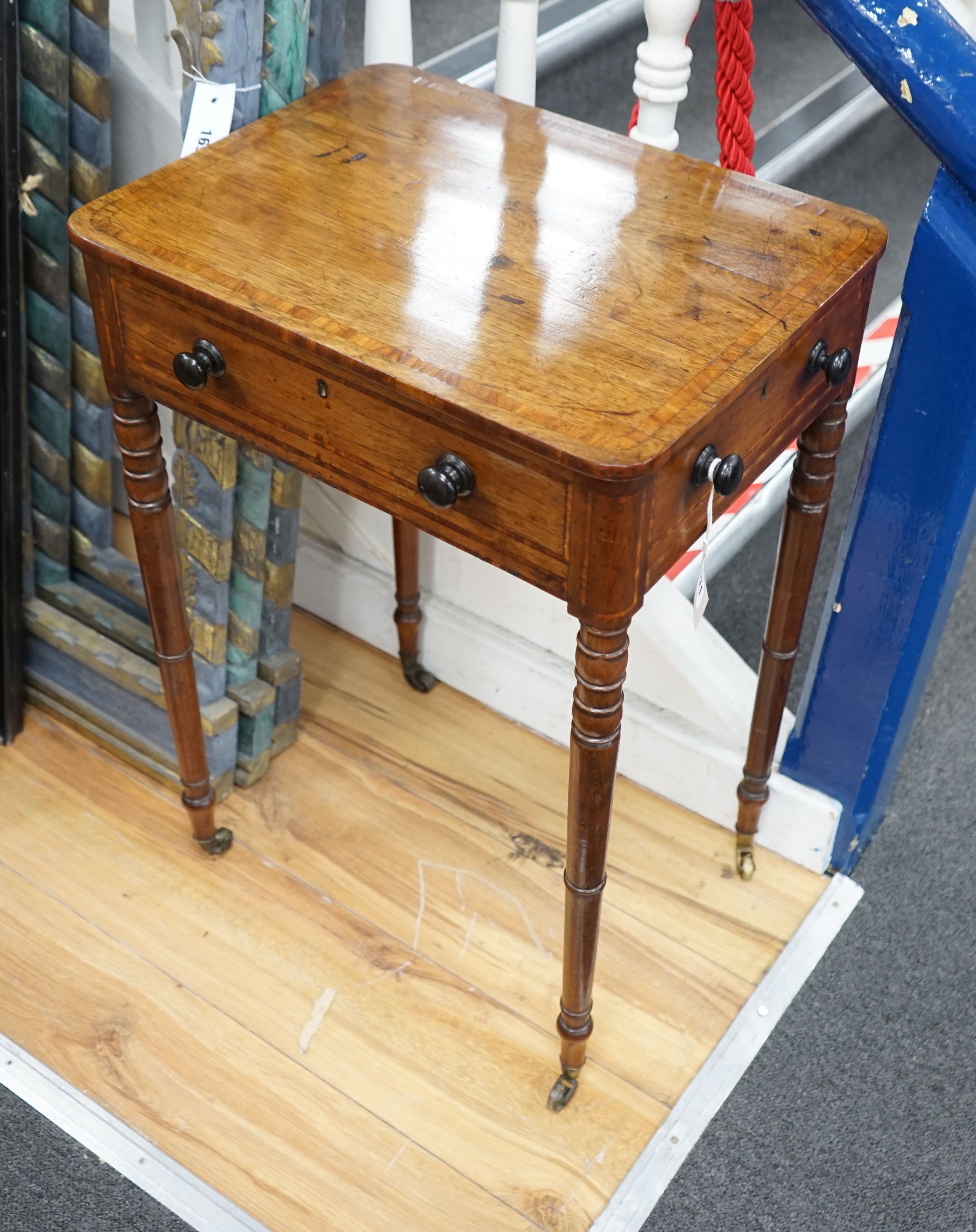 A Regency banded rosewood centre table, width 49cm, depth 38cm, height 73cm